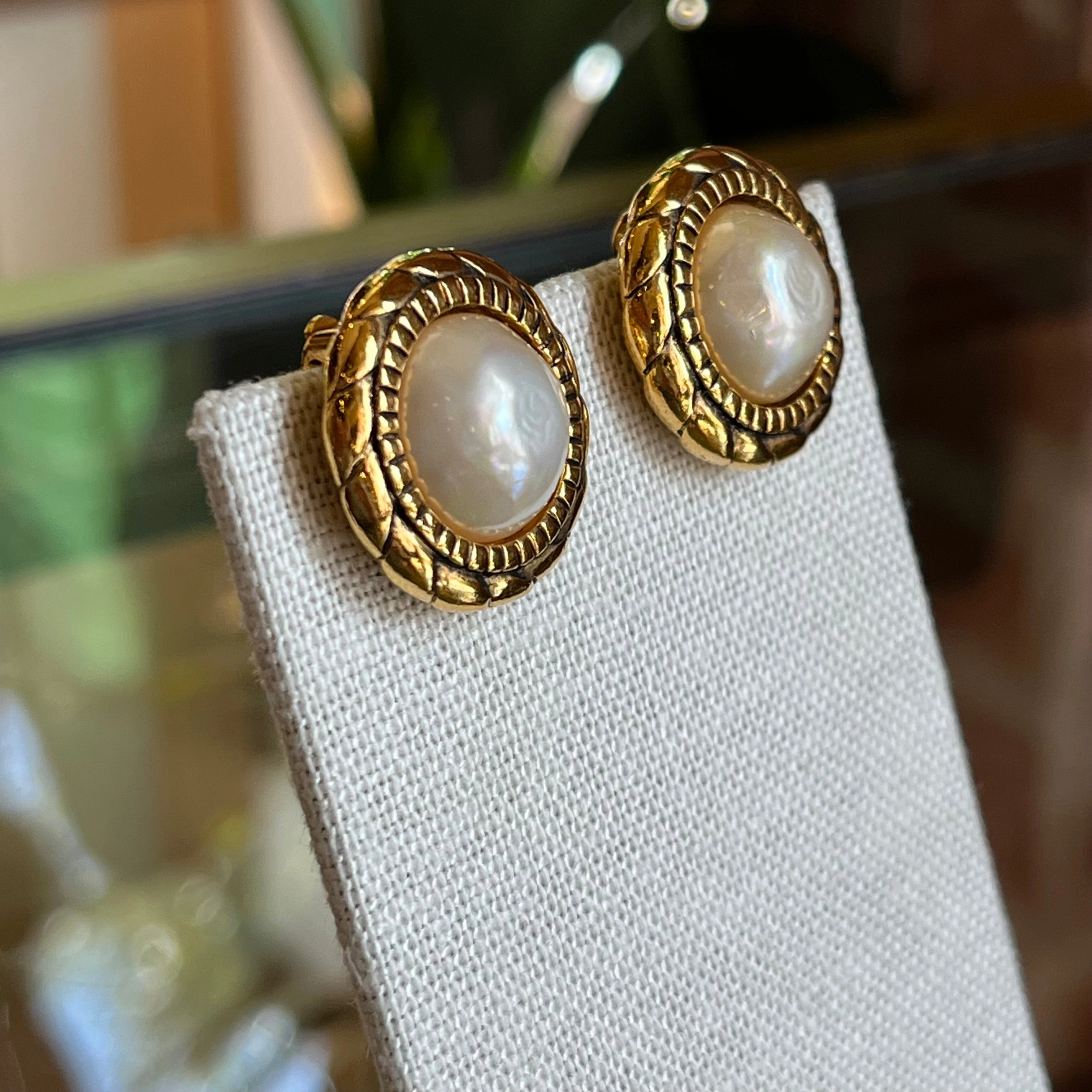 CHANEL Faux Pearl Gold Vintage Clip On Earrings