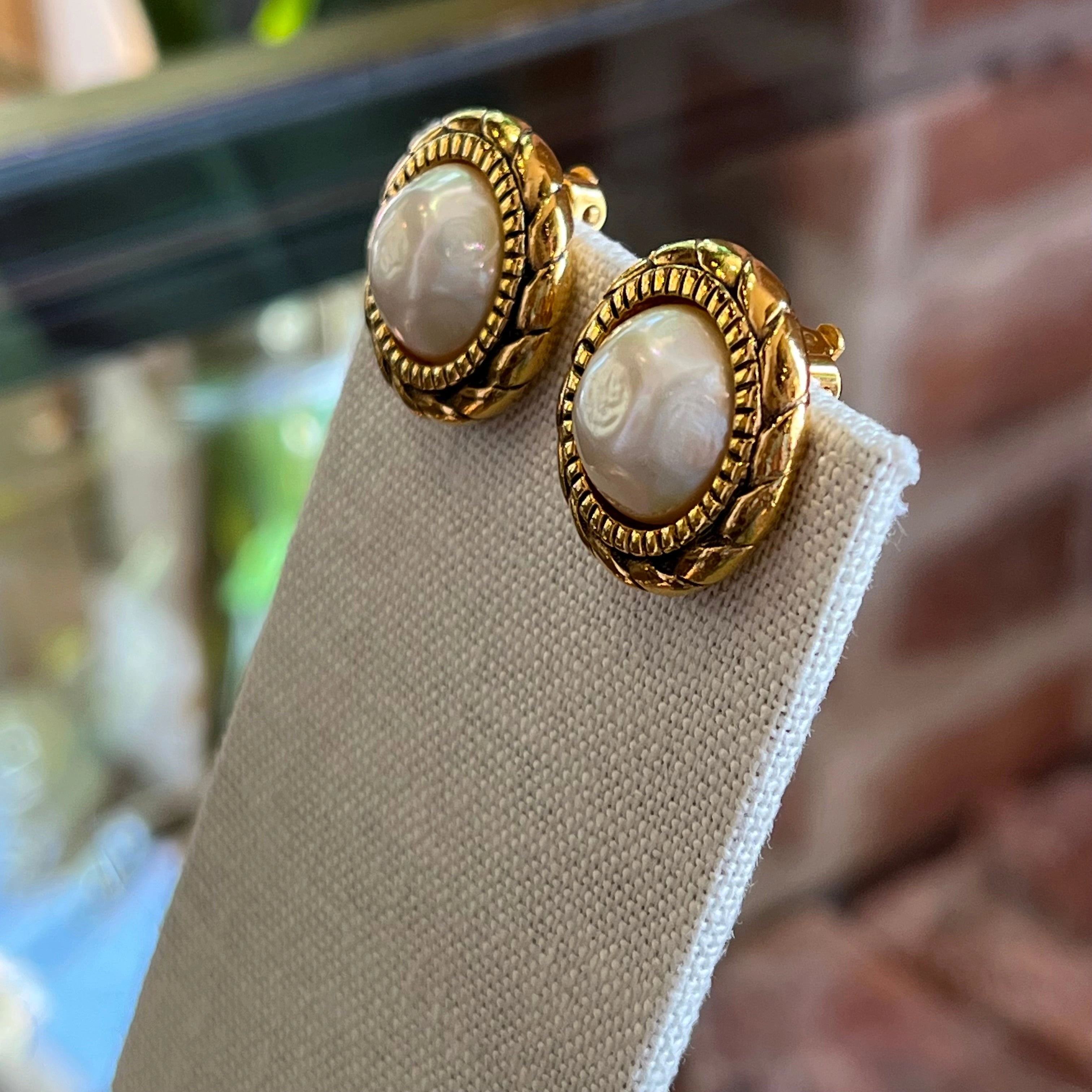 CHANEL Faux Pearl Gold Vintage Clip On Earrings