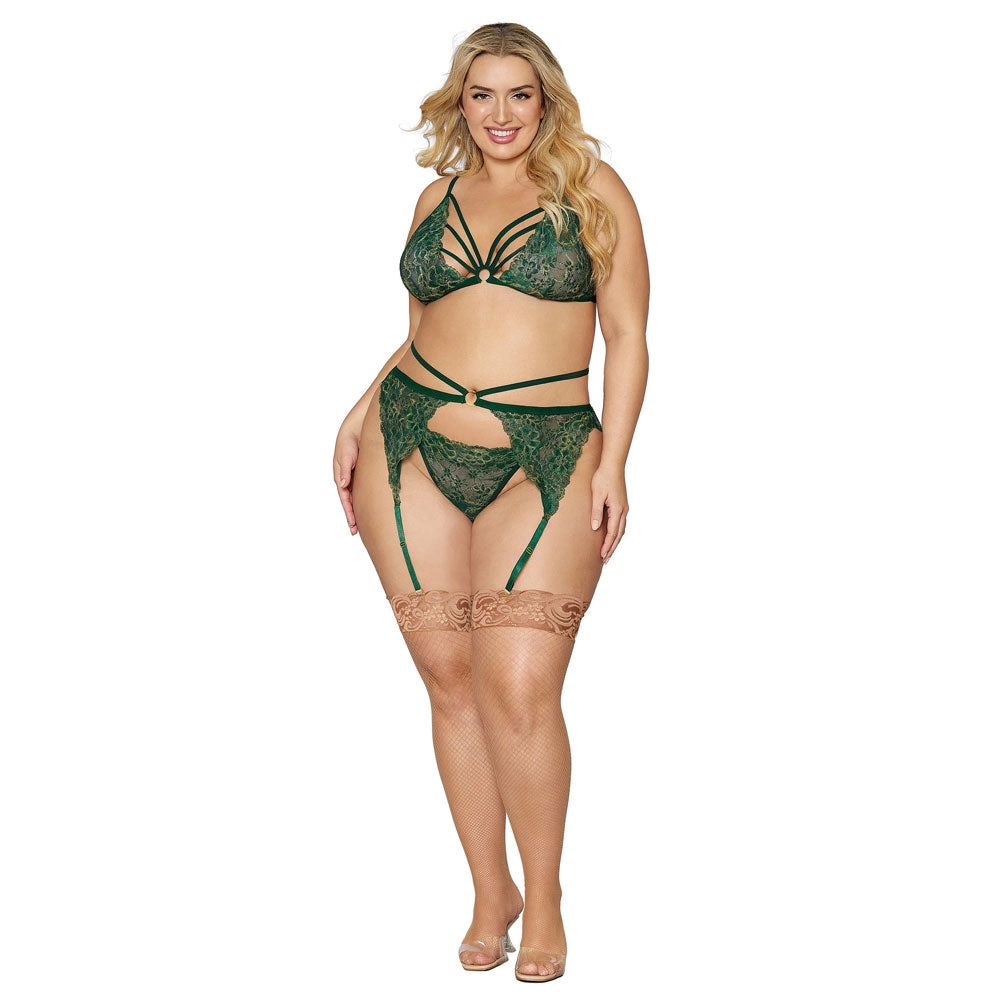 Dreamgirl Lingerie Metallic Corded Lace 3 Piece Set Evergreen 12707X
