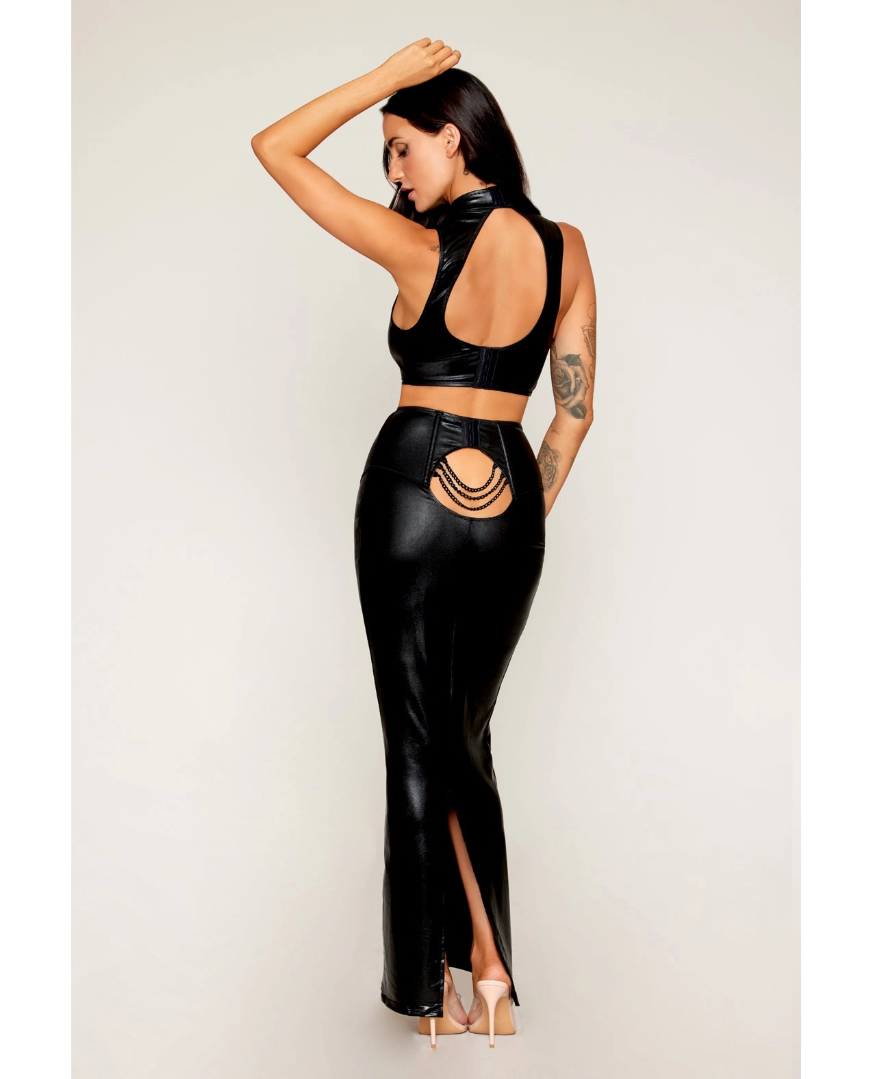 Dreamgirl Stretch Faux Leather Harness Bra & Long Slip Skirt Set