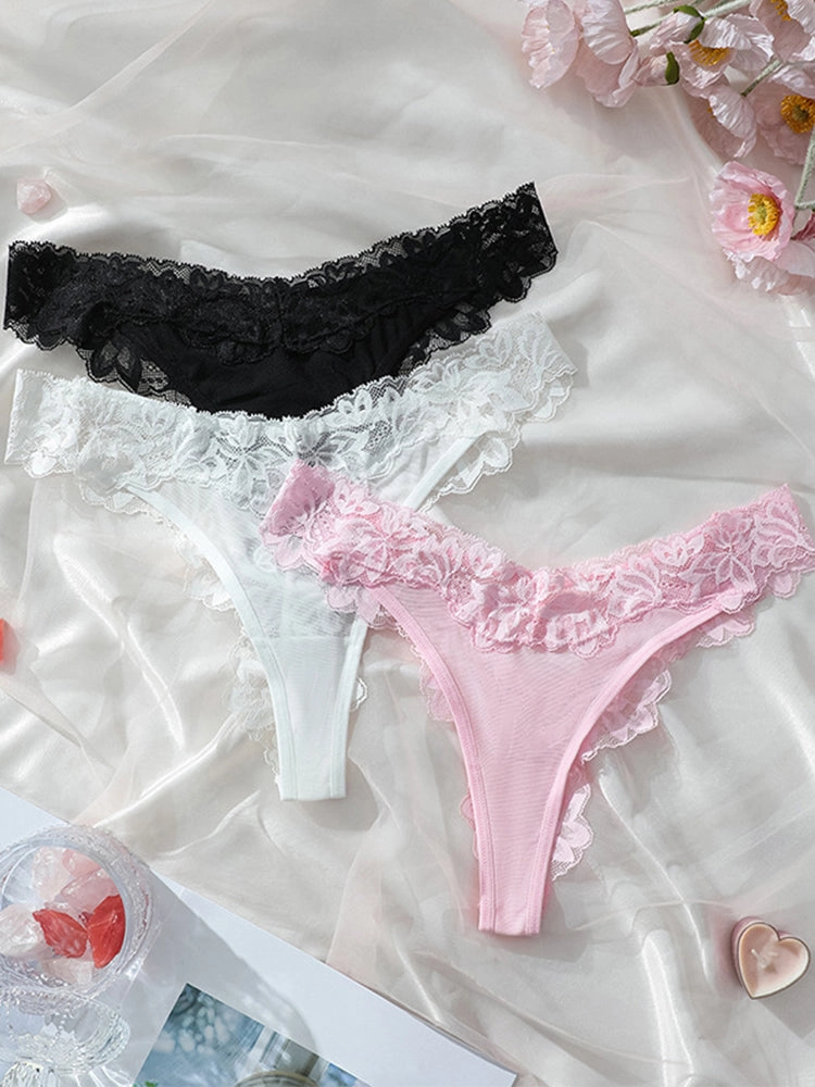Elegant Sexy Low-Rise Lace Trim Thong