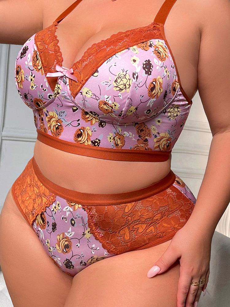 Floral Lace Trim Bra & Panty Lingerie Set