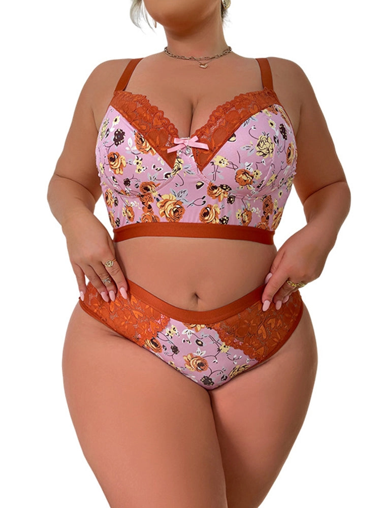 Floral Lace Trim Bra & Panty Lingerie Set