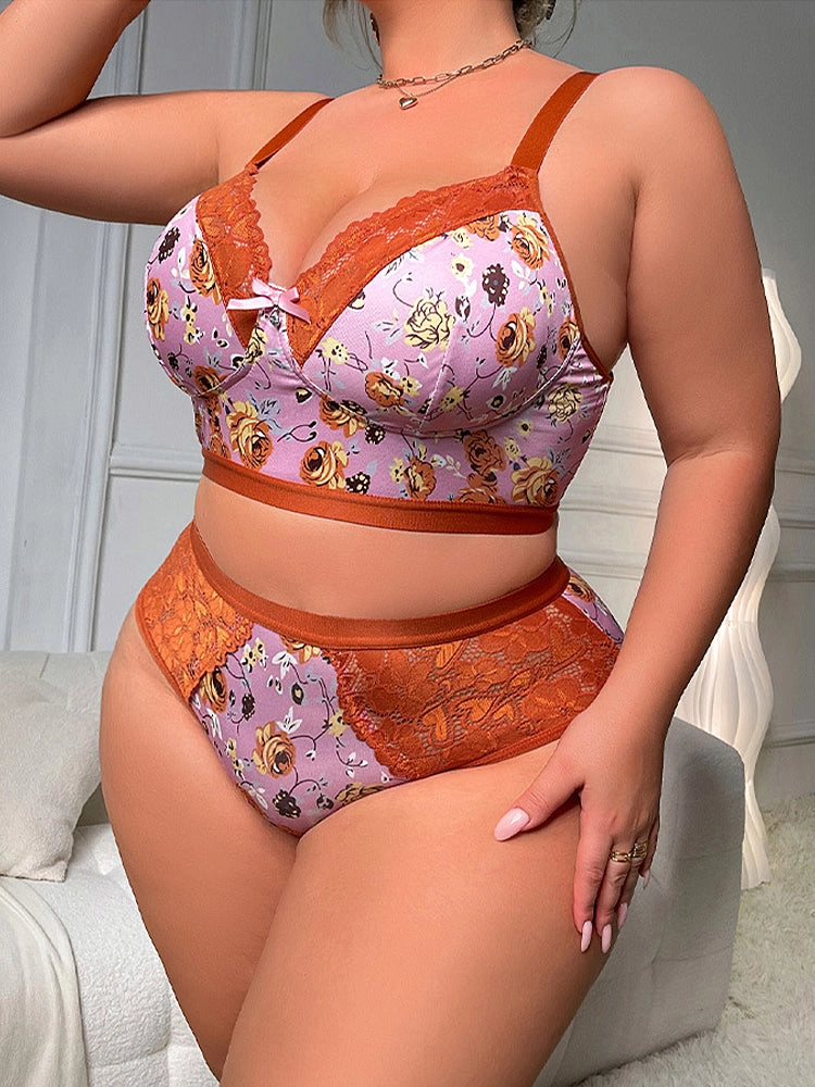Floral Lace Trim Bra & Panty Lingerie Set