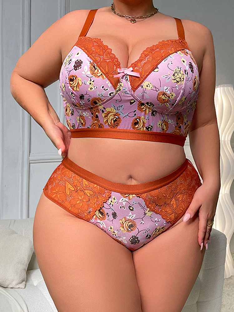 Floral Lace Trim Bra & Panty Lingerie Set