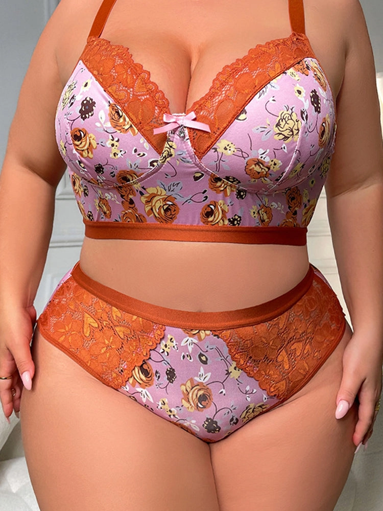 Floral Lace Trim Bra & Panty Lingerie Set