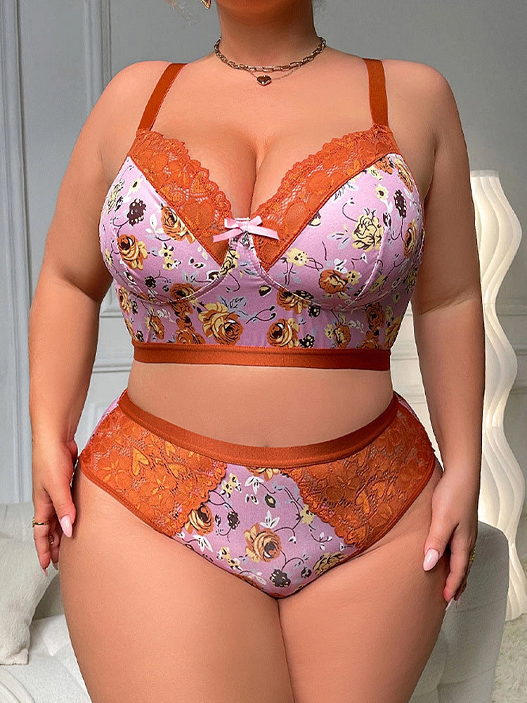 Floral Lace Trim Bra & Panty Lingerie Set