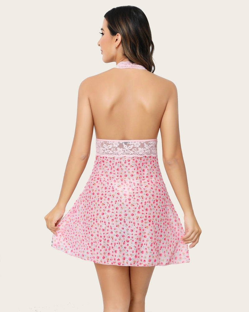 Halter Lace Print Wedding Babydoll