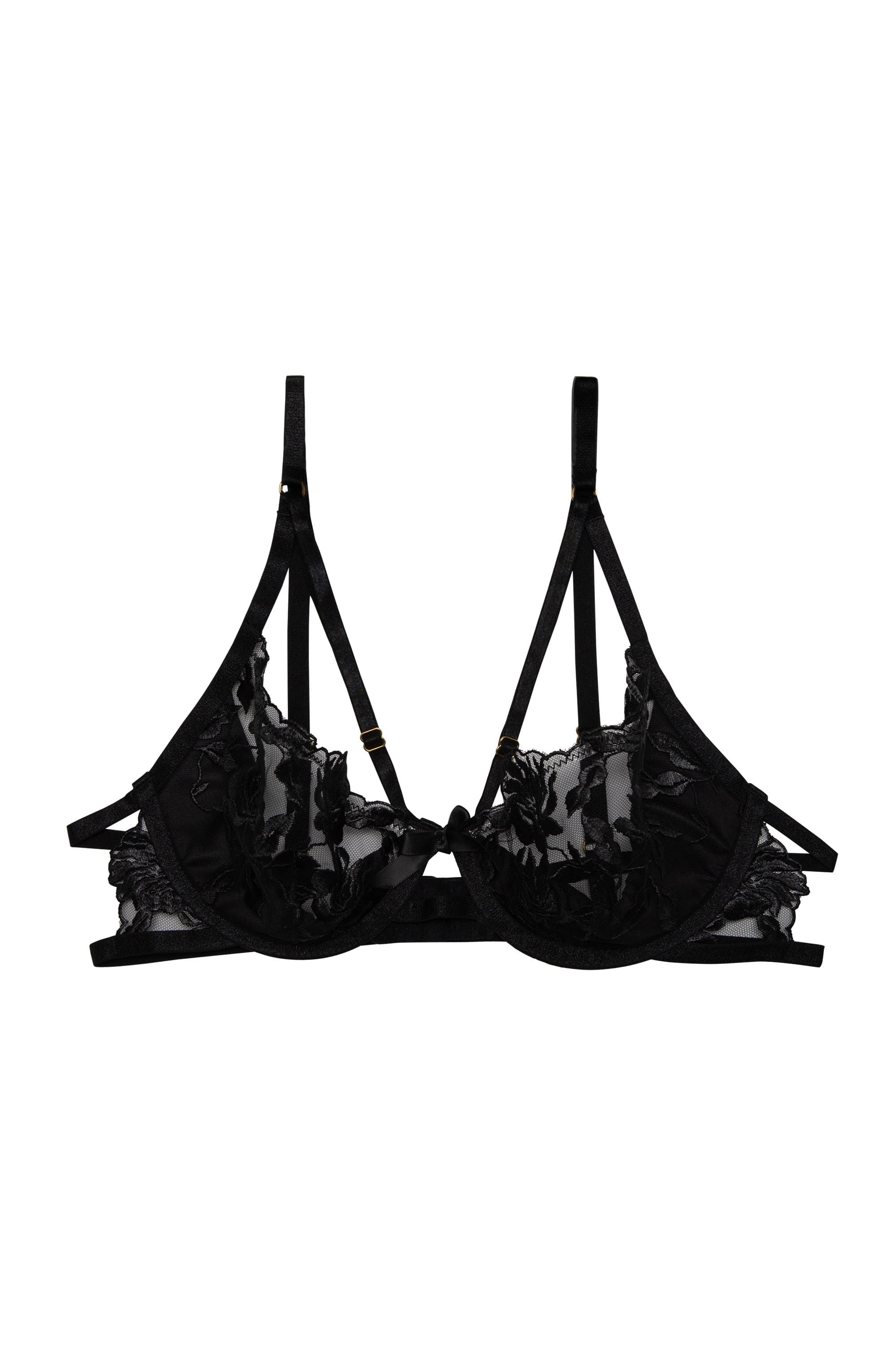 Hustler Sasha Black Satin & Mesh Embroidered Bra