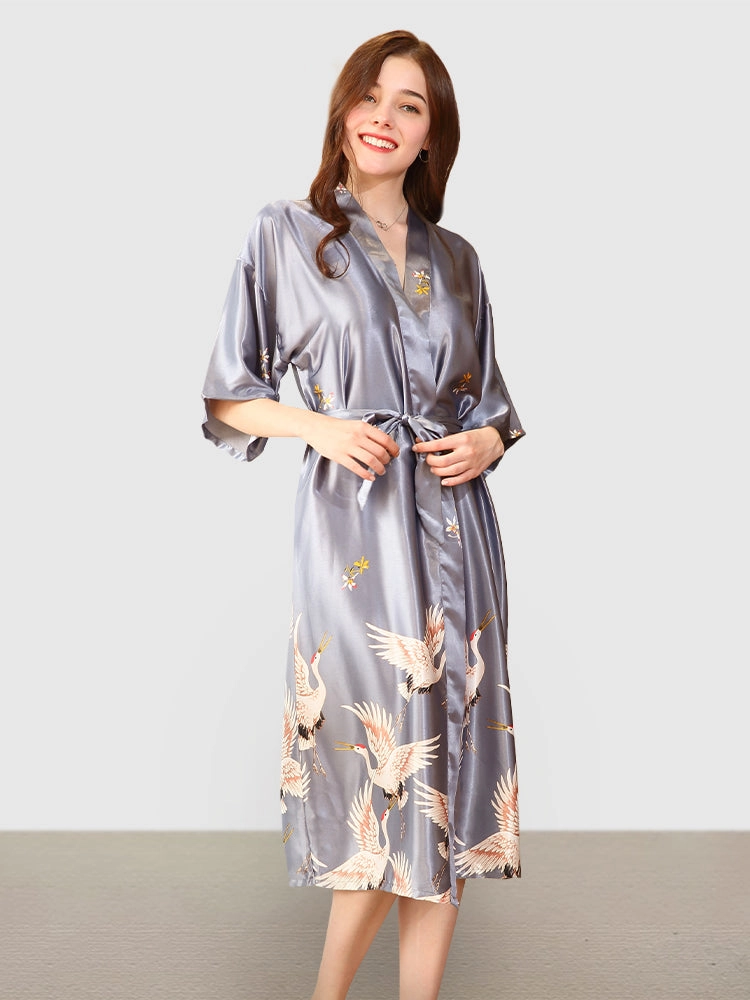 Ladies Short Satin Silk Crane Bathrobe Nightgown Loungewear