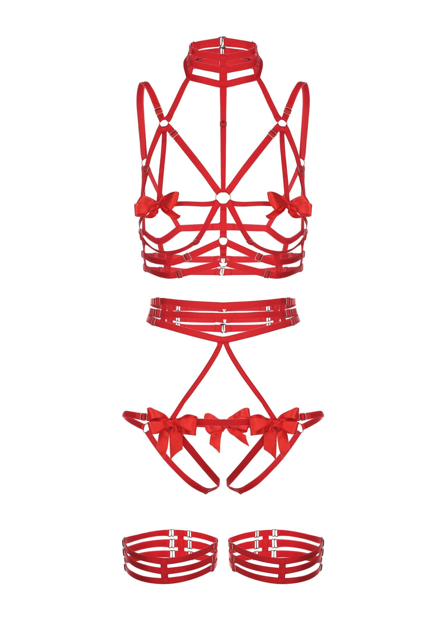 Night Of Secrets Set Open Bra, Ouvert Panties with Garters (Red)