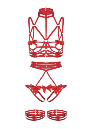 Night Of Secrets Set Open Bra, Ouvert Panties with Garters (Red)