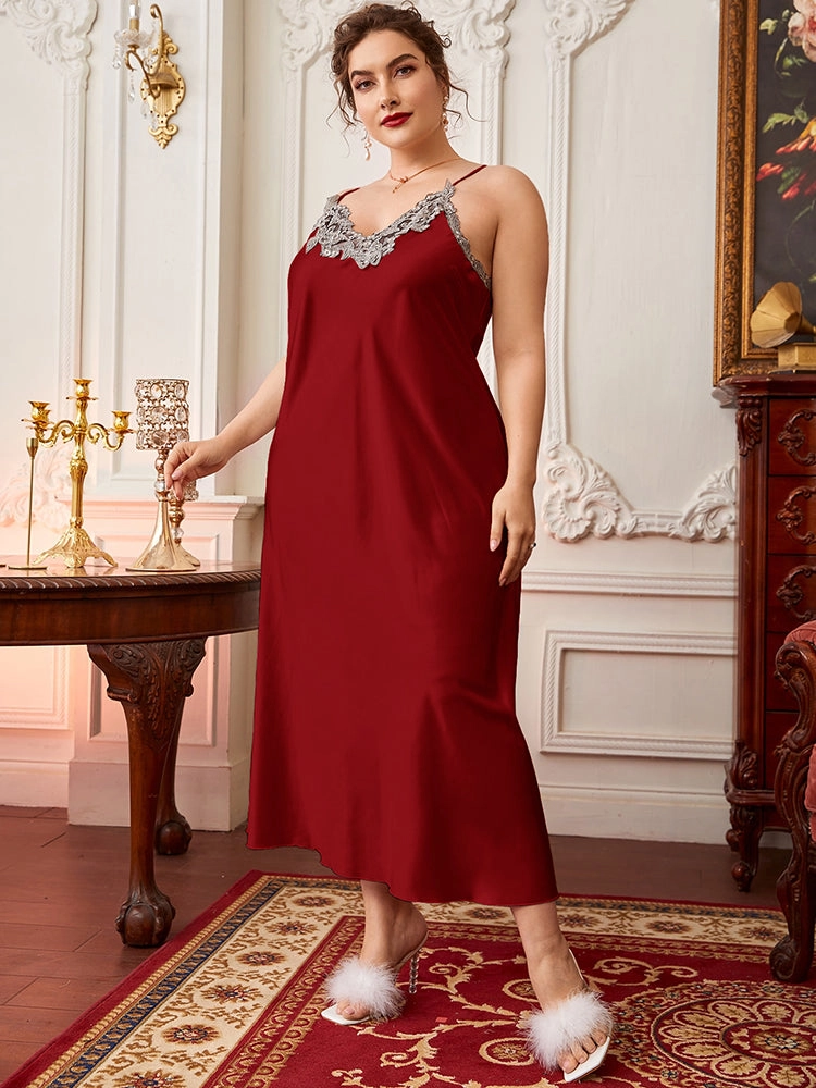 Plus Size Elegant Simulated Silk Long Slip Skirt Pajamas