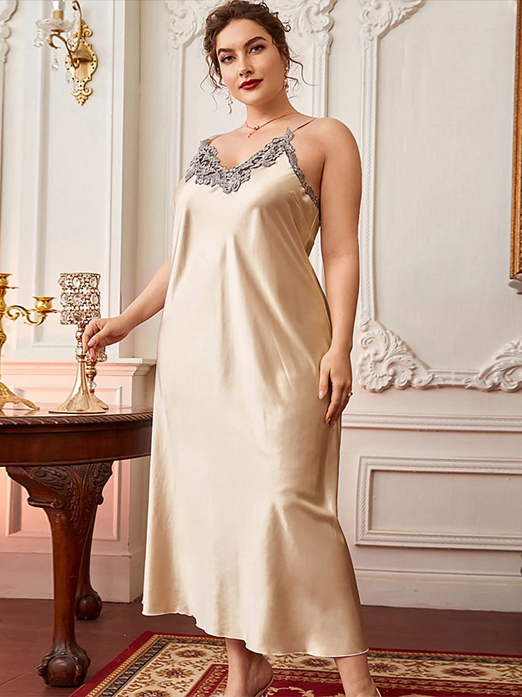 Plus Size Elegant Simulated Silk Long Slip Skirt Pajamas
