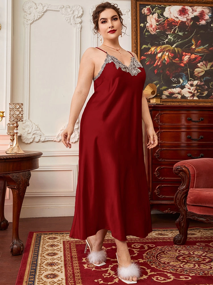 Plus Size Elegant Simulated Silk Long Slip Skirt Pajamas