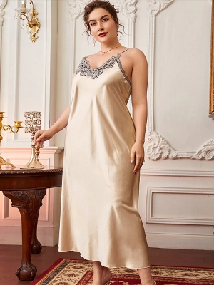 Plus Size Elegant Simulated Silk Long Slip Skirt Pajamas