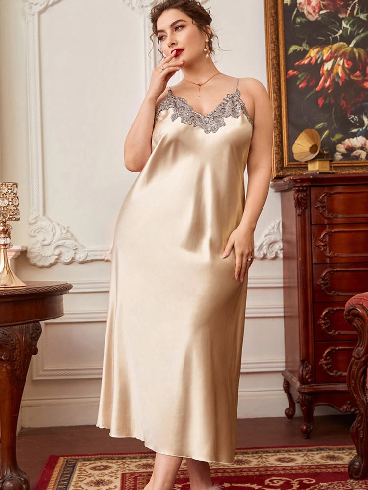 Plus Size Elegant Simulated Silk Long Slip Skirt Pajamas