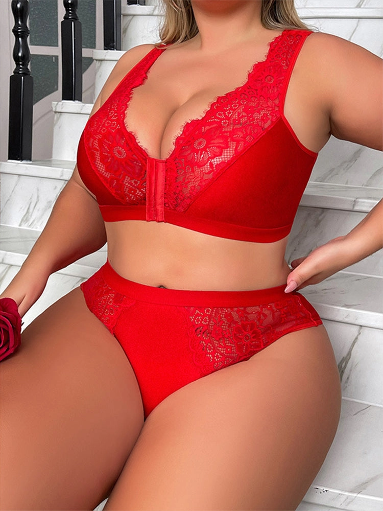 Red Lace Front-Closure Lingerie Set