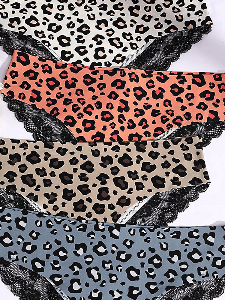 Sexy Leopard Print Lace Trim Ice Silk Briefs