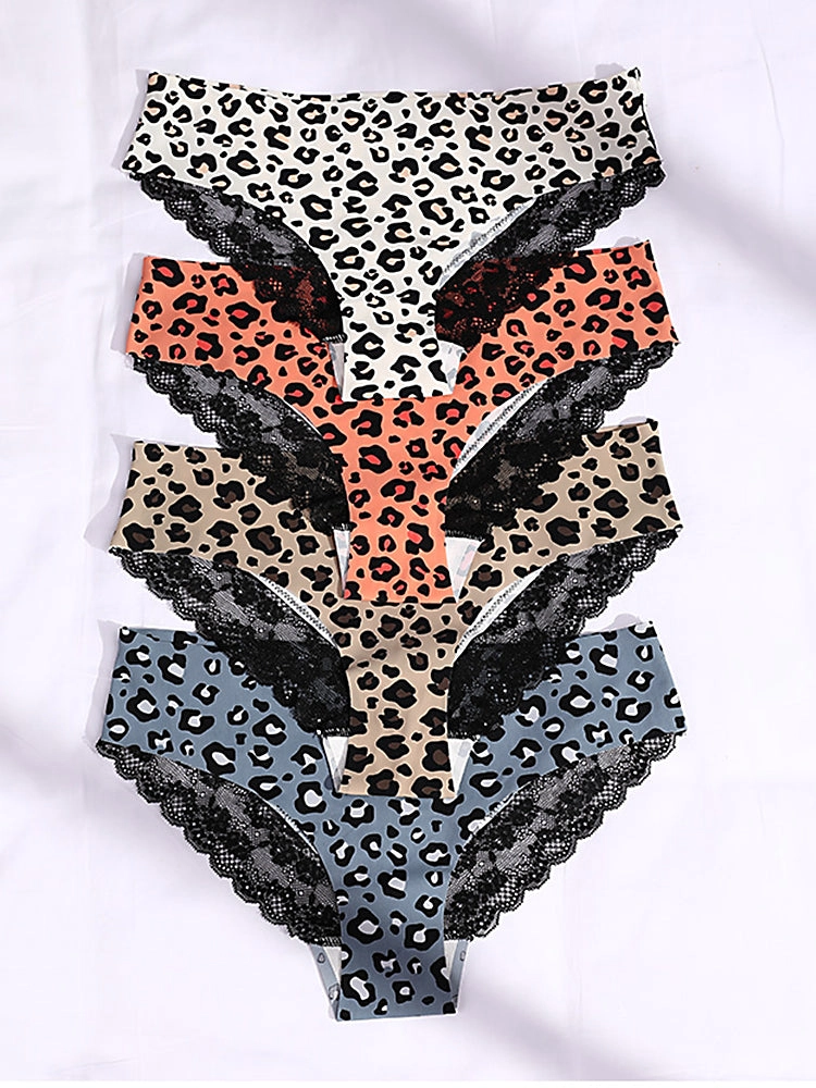 Sexy Leopard Print Lace Trim Ice Silk Briefs