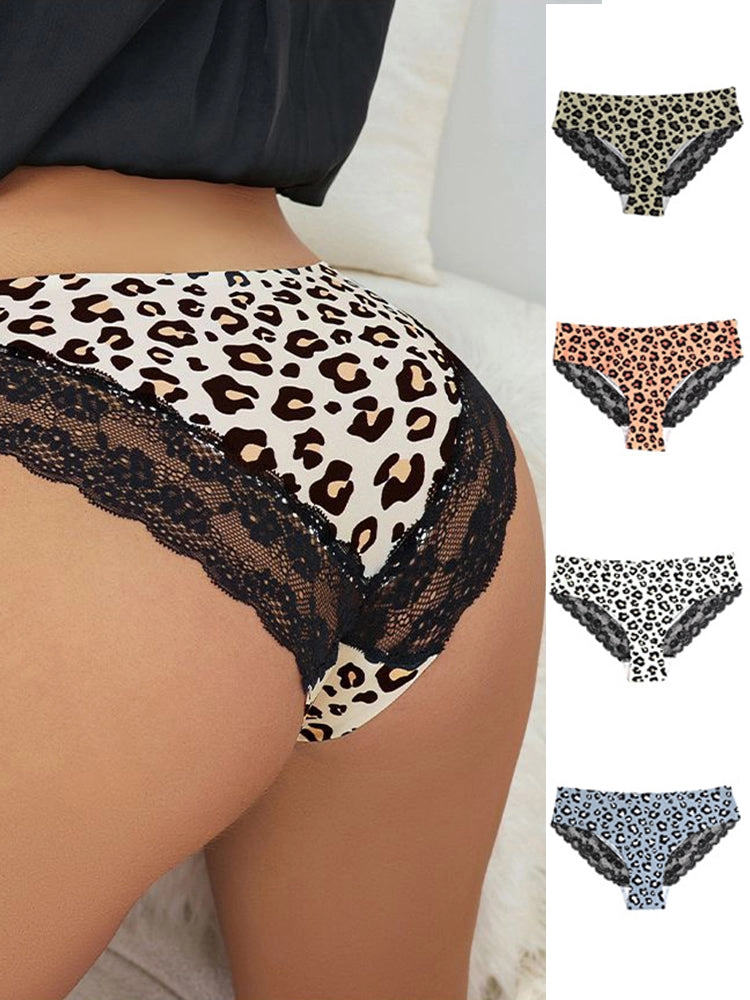 Sexy Leopard Print Lace Trim Ice Silk Briefs