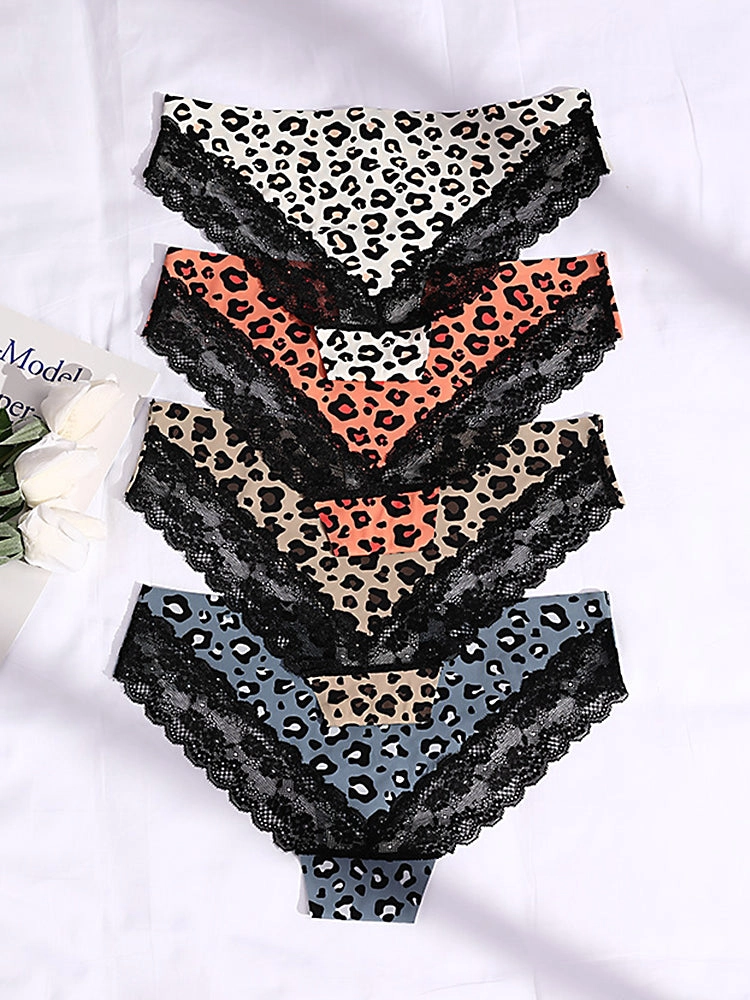 Sexy Leopard Print Lace Trim Ice Silk Briefs