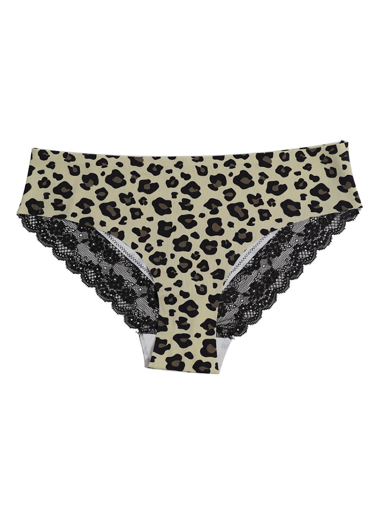 Sexy Leopard Print Lace Trim Ice Silk Briefs