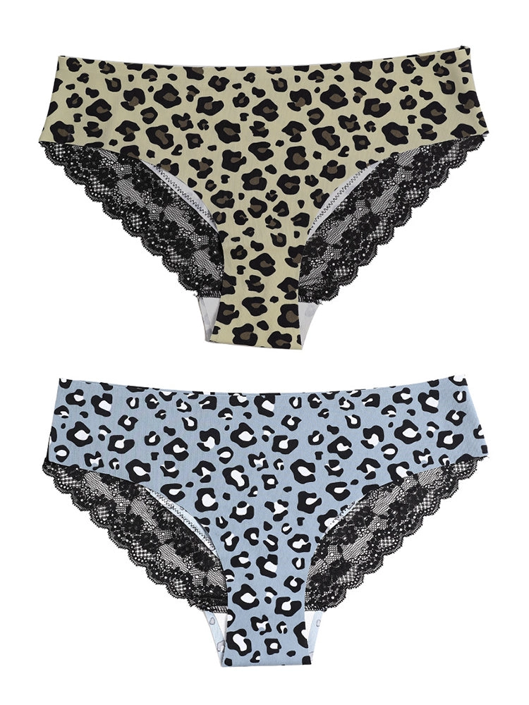 Sexy Leopard Print Lace Trim Ice Silk Briefs