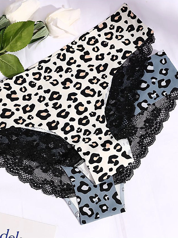 Sexy Leopard Print Lace Trim Ice Silk Briefs