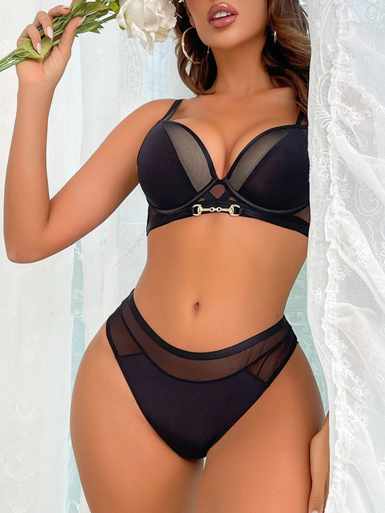 Sexy Mesh Solid Color Push Up Underwire Bra Set